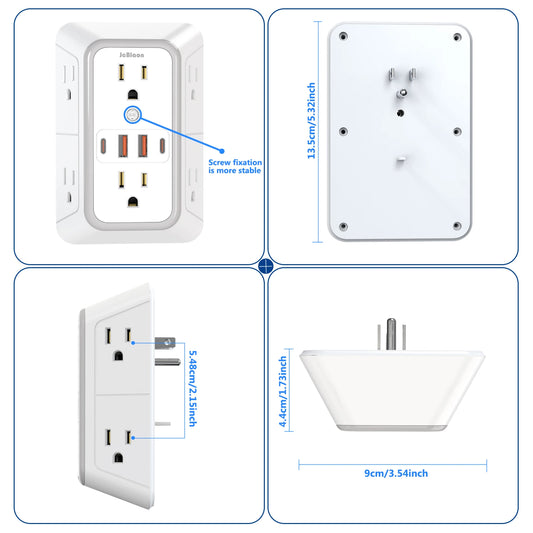 US Plug Power Strip with 6 AC Outlets 4 USB Port(2 Type C), Multi Socket Wall Socket Universal Network Filter Fast Charging